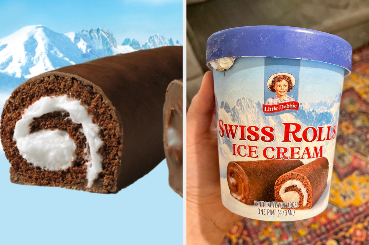 swiss rolls next to a pint of ice cream