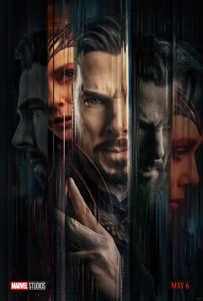 A promo poster for the new film featuring images of Dr. Strange and Wanda spliced together