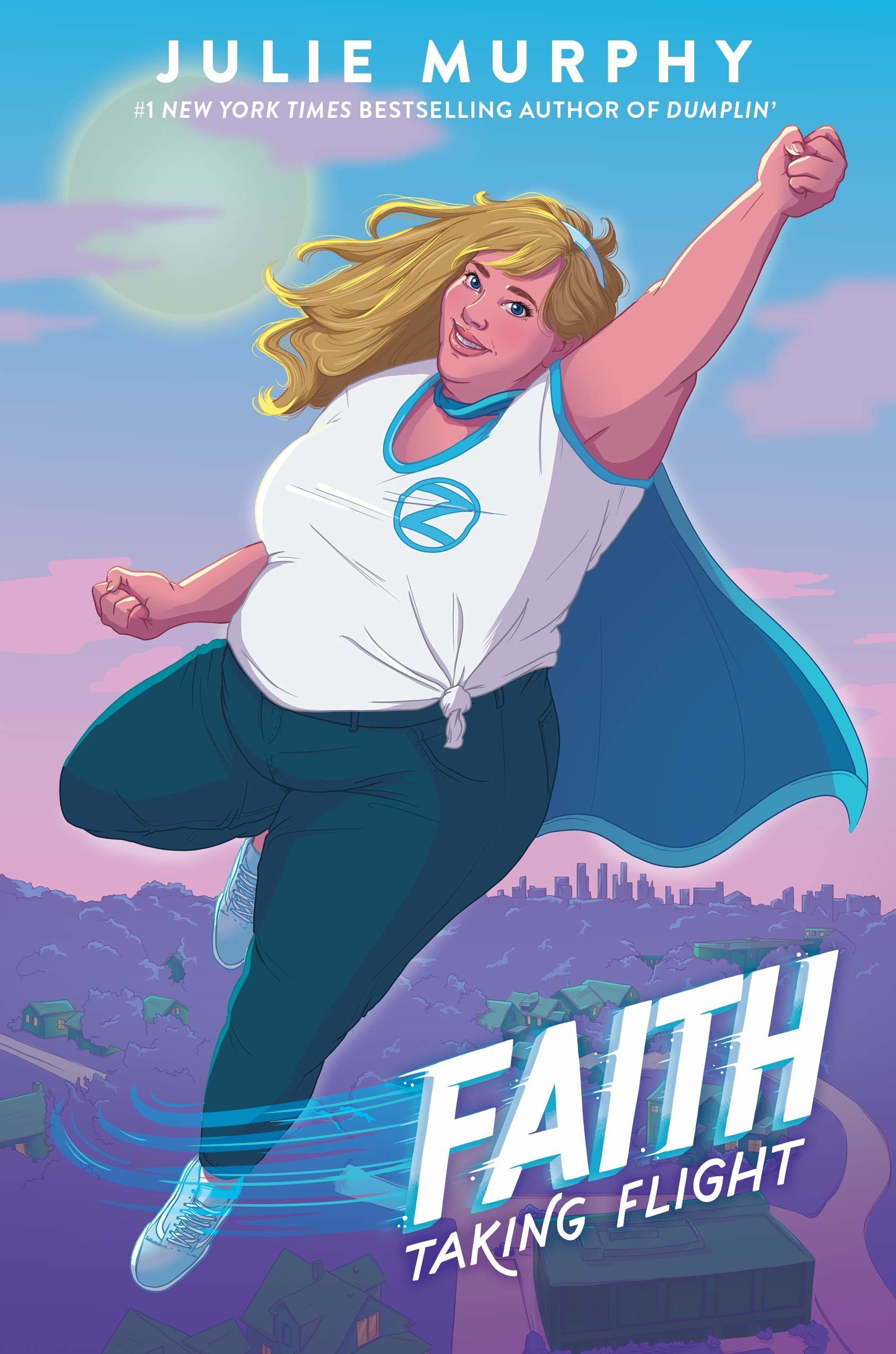 A young curvy girl is wearing a cape and flying.