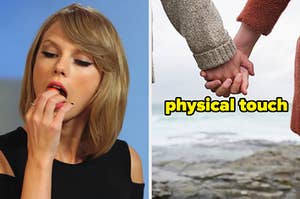 On the left, Taylor Swift eating a strawberry, and on the right, two people holding hands labeled physical touch