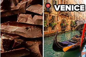 Crushed up chocolate is on the left with a Gondola labeled, "Venice" on the right