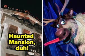 haunted mansion and an animatronic sven reindeer from frozen