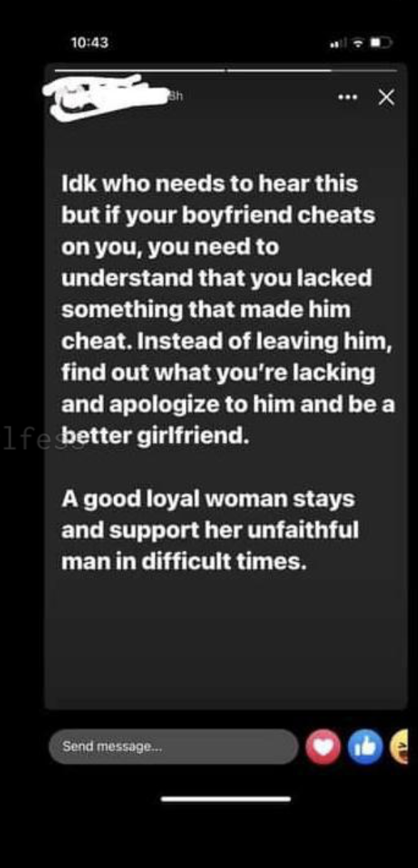 &quot;A good, loyal woman stays and supports her unfaithful man in difficult times&quot;