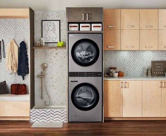 a gray washer and dryer in a home