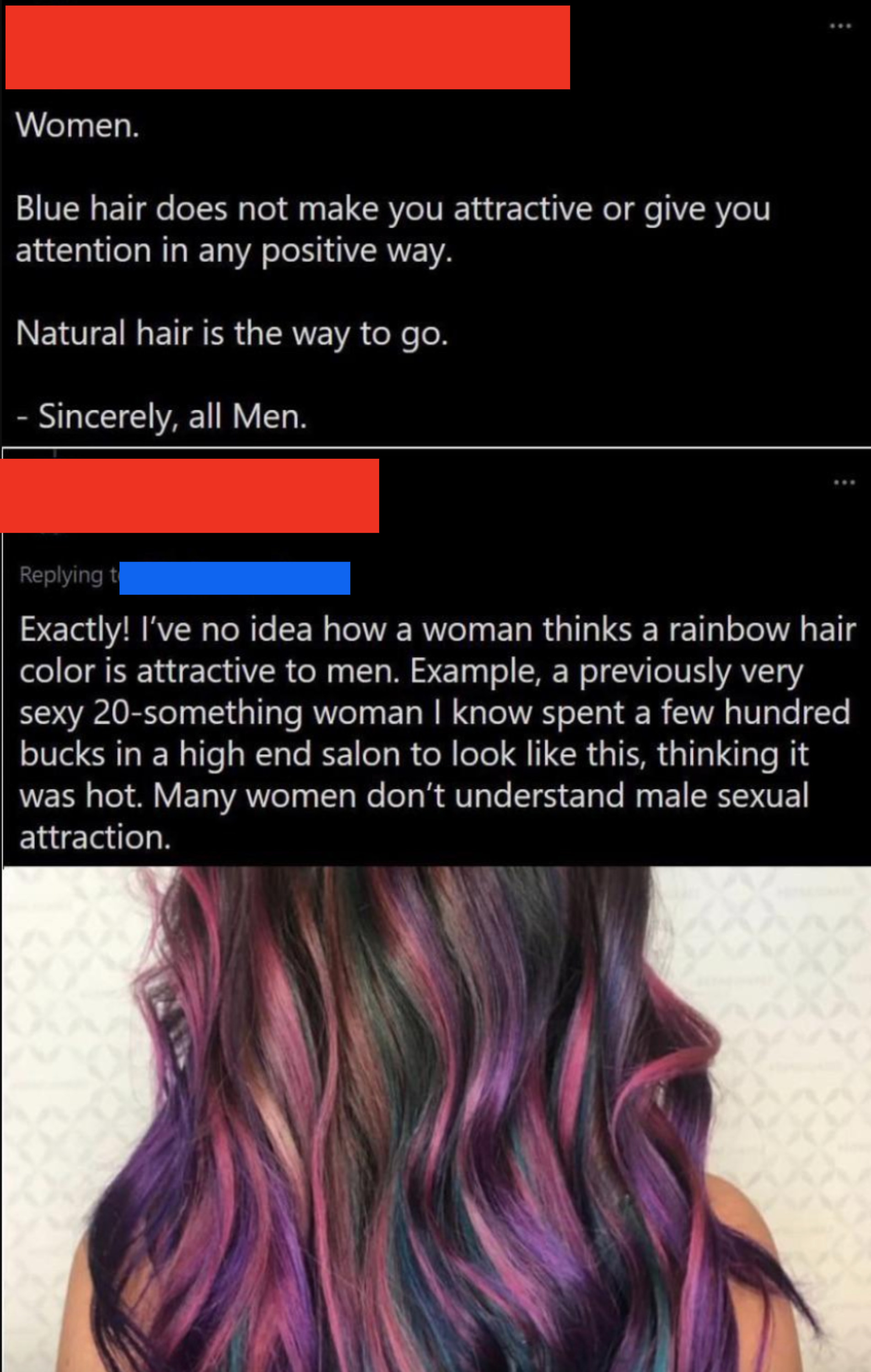Woman with rainbow-colored hair while a man comments: &quot;Blue hair does not make you attractive or give you attention in any positive way&quot;