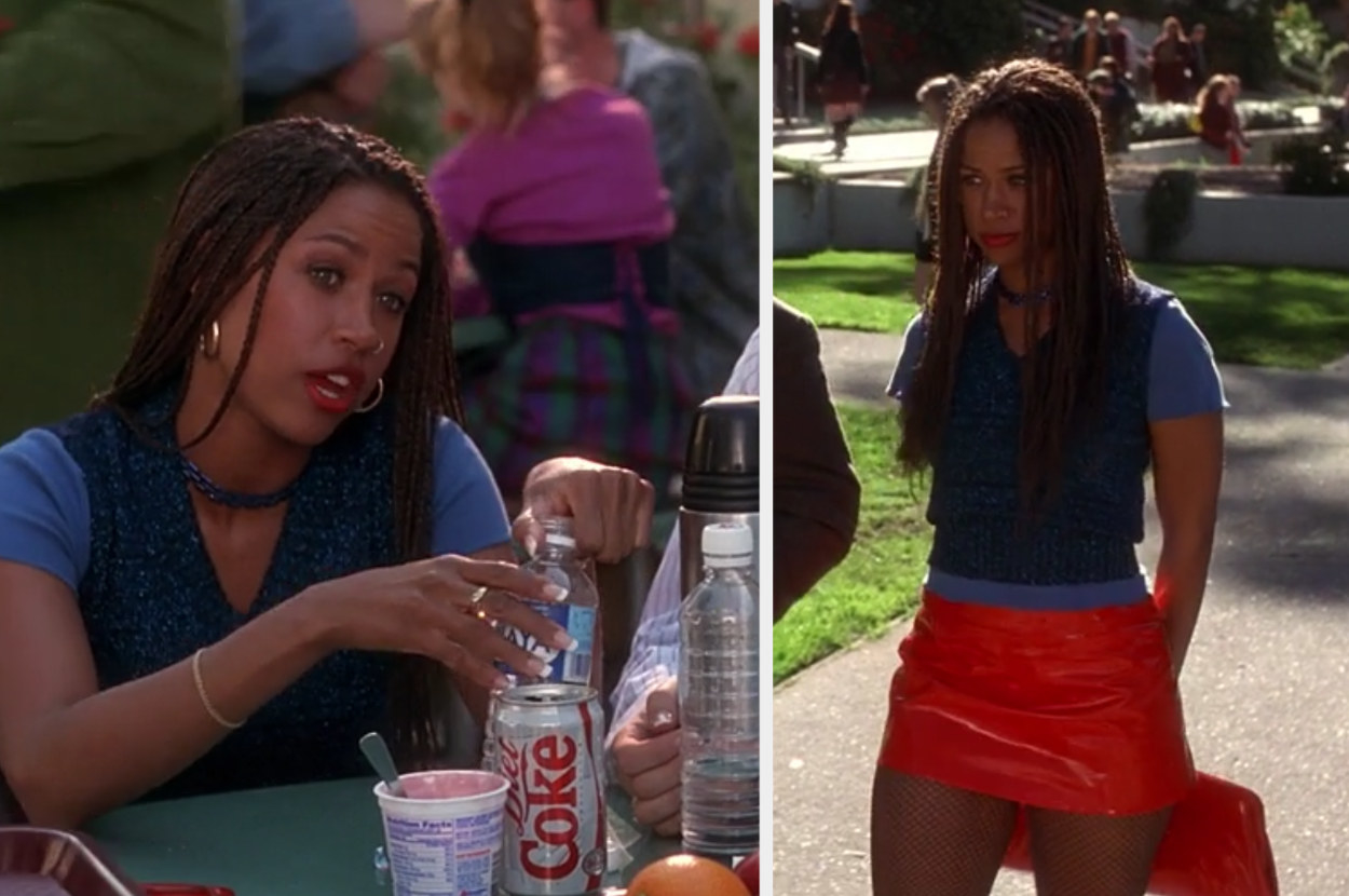 Dionne wears a blue and red ensemble at lunch