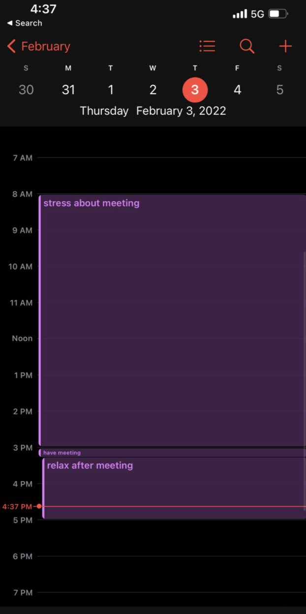 A screenshot of a Google calendar that has 6 hours blocked off for &quot;stress about meeting,&quot; 15 minutes blocked off for &quot;have meeting,&quot; and two hours blocked off for &quot;relax after meeting&quot;