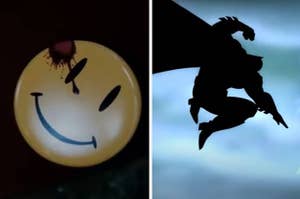 split image of a smiling face button with blood on it from "watchmen" on the left and batman on the right
