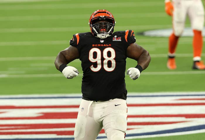 A member of the Cincinnati Bengals celebrating a play on the field