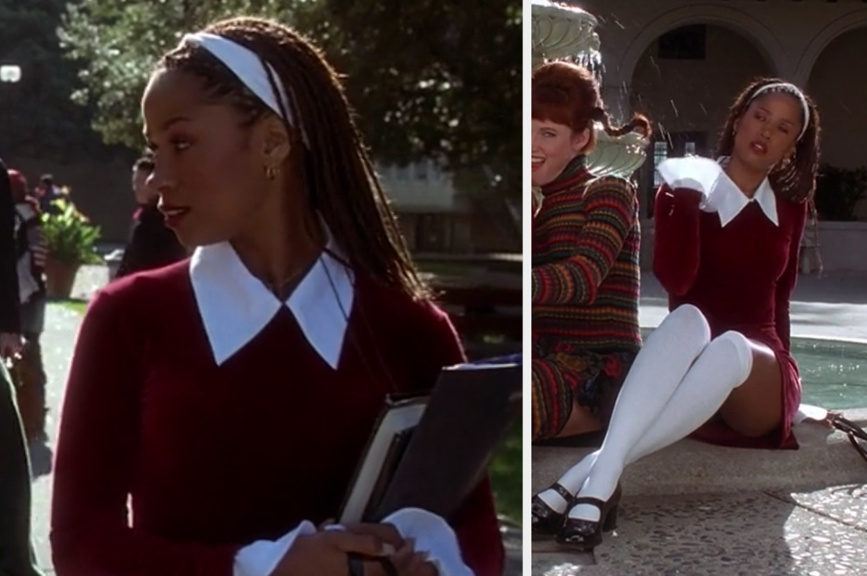 Dionne wears a burgundy velvet dress for a photoshoot and school day