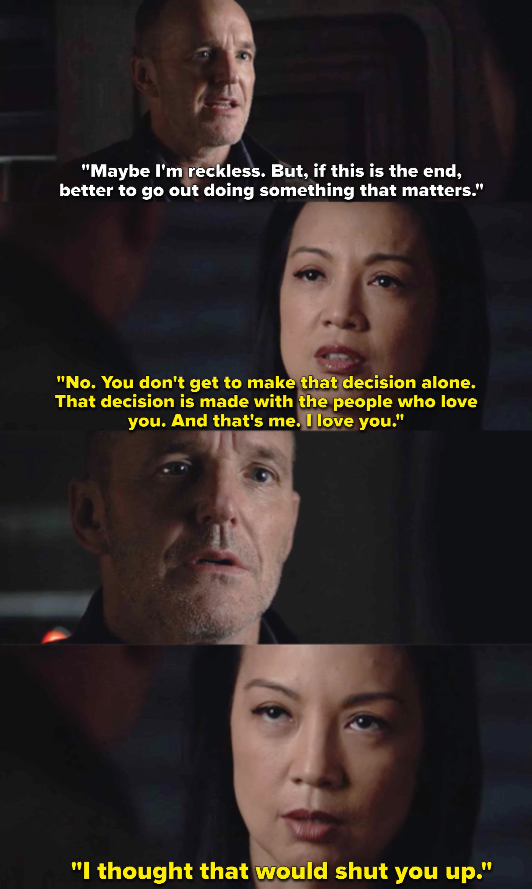 A close up of Phil Coulson and Melinda May as they have a heated discussion