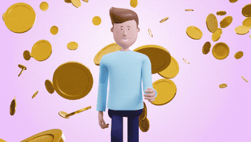 Animated man walking as gold coins rain down from the sky