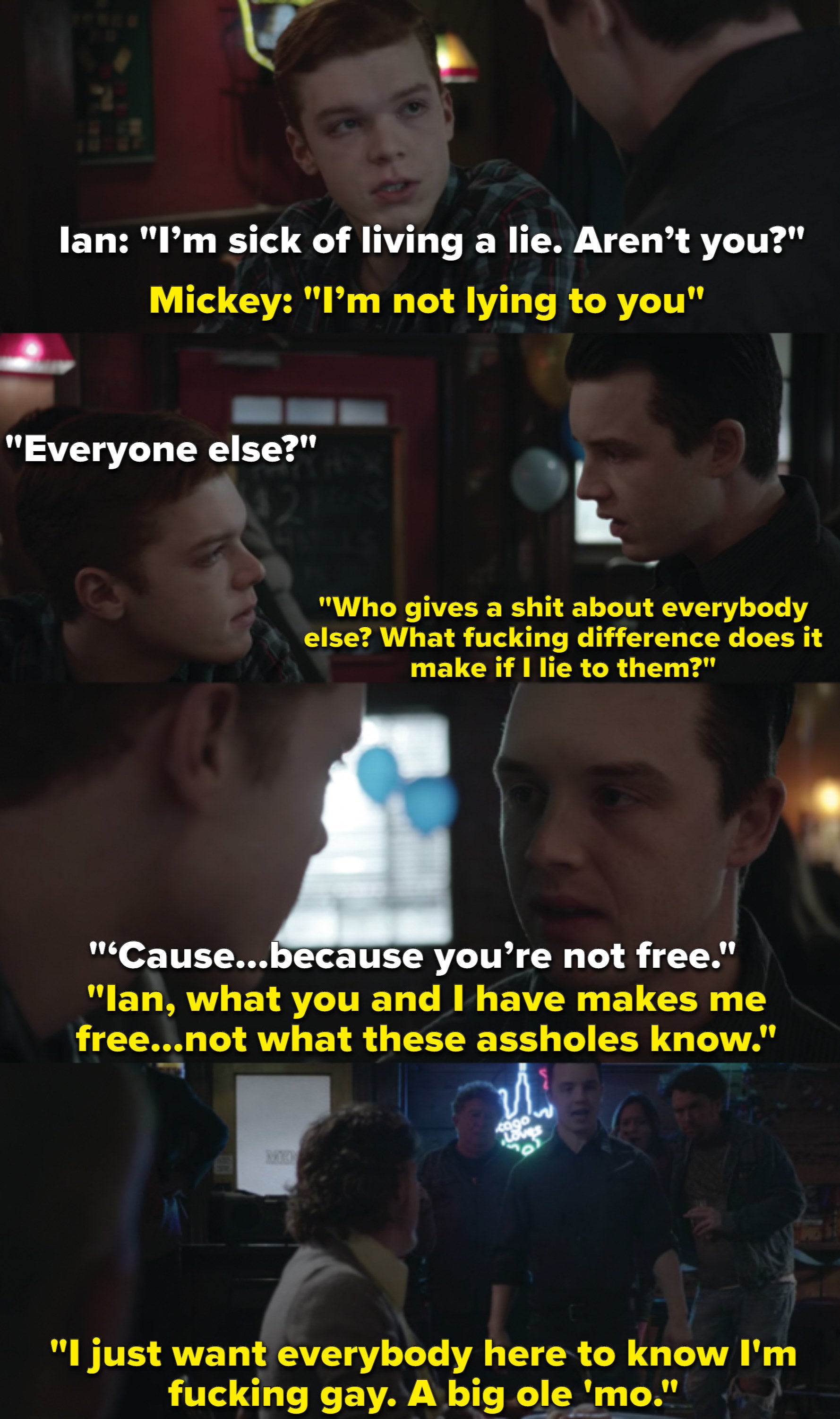 Ian Gallagher and Mickey Milkovich share an intense conversation before Mickey addresses his crowded bar
