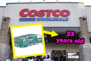 Costco storefront with paper towel package and 33 years old