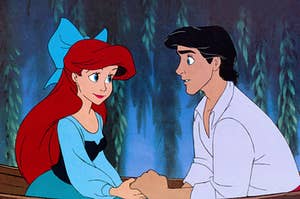 ariel and eric from the little mermaid holding hands in a canoe