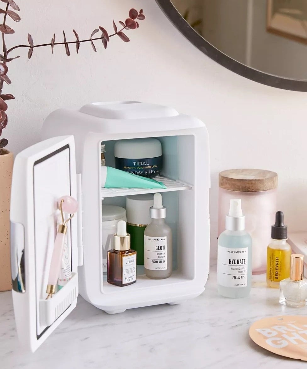 The beauty fridge with various skincare and hair care products