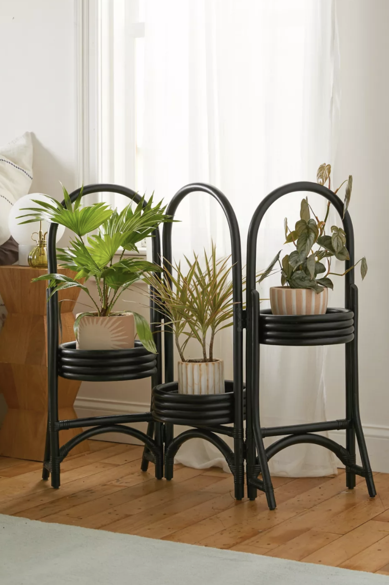 black plant stand with three plants on it