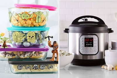 Star Wars Pyrex containers on the left and Instant Pot on kitchen counter on the right
