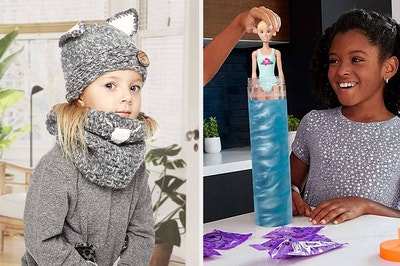 to the left: a child in a fox hat and scarf, to the right: a child playing with a barbie doll
