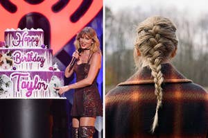 On the left, Taylor Swift on stage standing next to a three-tiered birthday cake, and on the right, the back of Taylor's head on the Evermore album cover