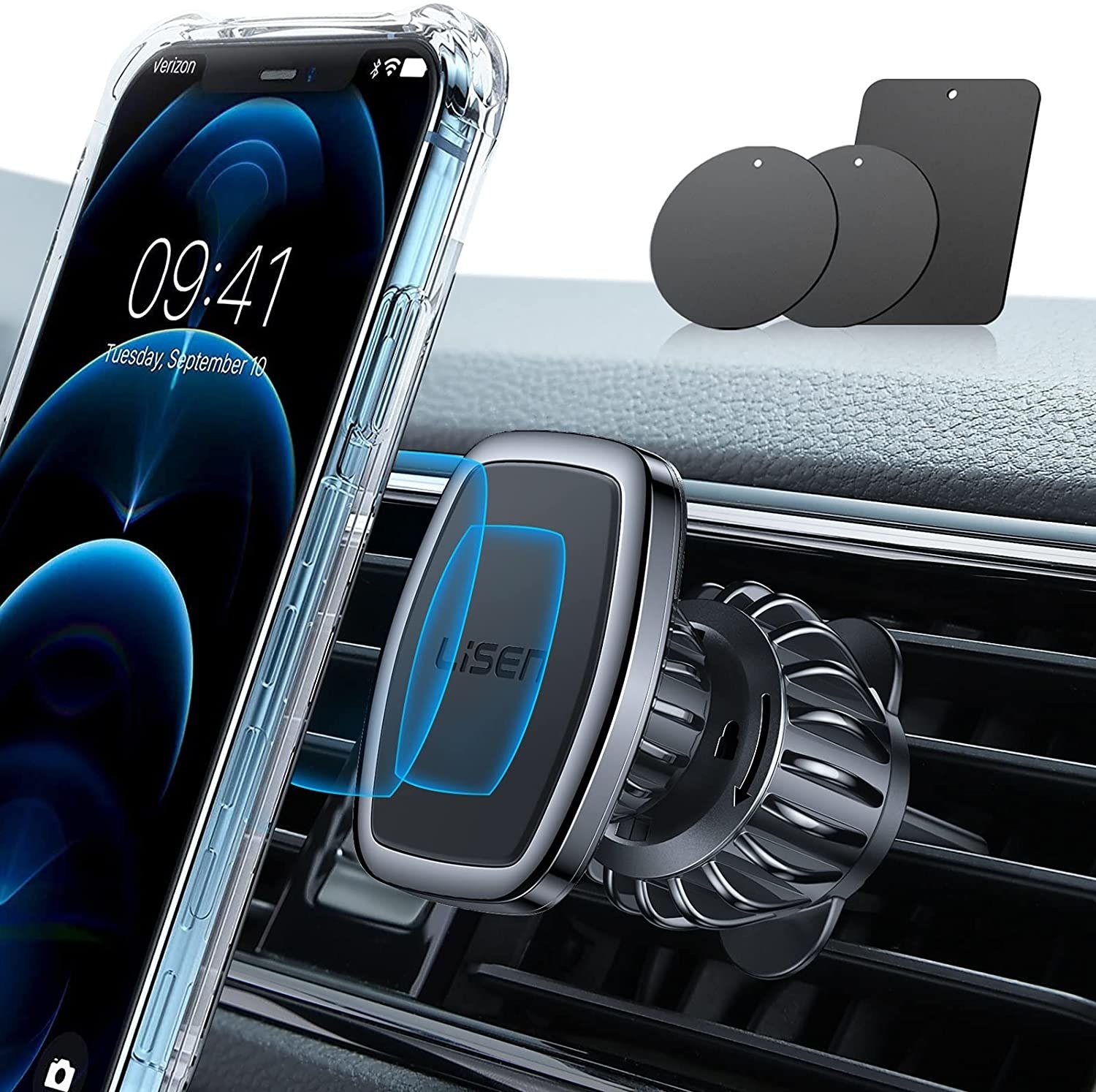 A phone hovering over the mount showing how it attaches using magnets and the mount clipped onto the air vents of a car