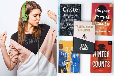 Model wearing a pair of green headphones / Five book selections from Book of the Month Club