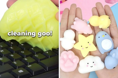 cleaning goo cleaning a computer keyboard, open palms with squishy toys on them to help relieve stress