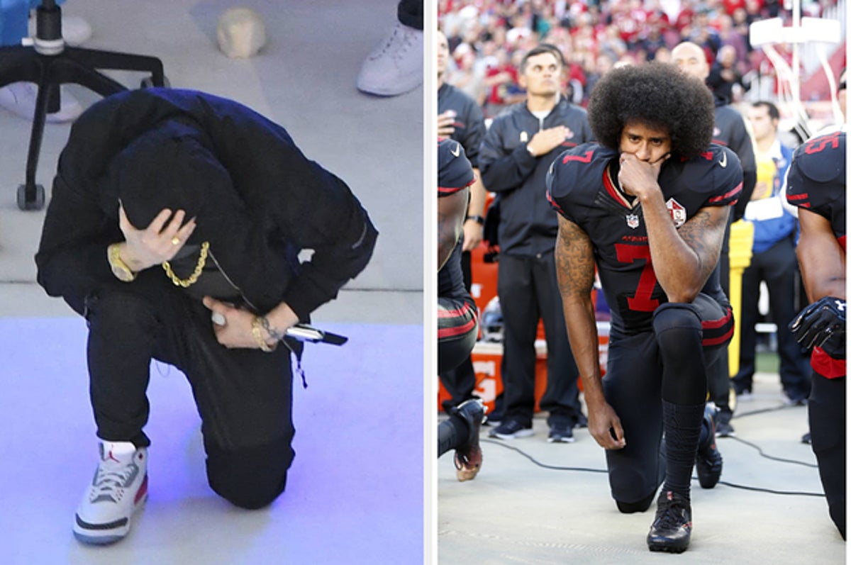 Dr. Dre raps anti-cop lyric, Eminem kneels in nod to Kaepernick during  Super Bowl halftime show - Washington Times