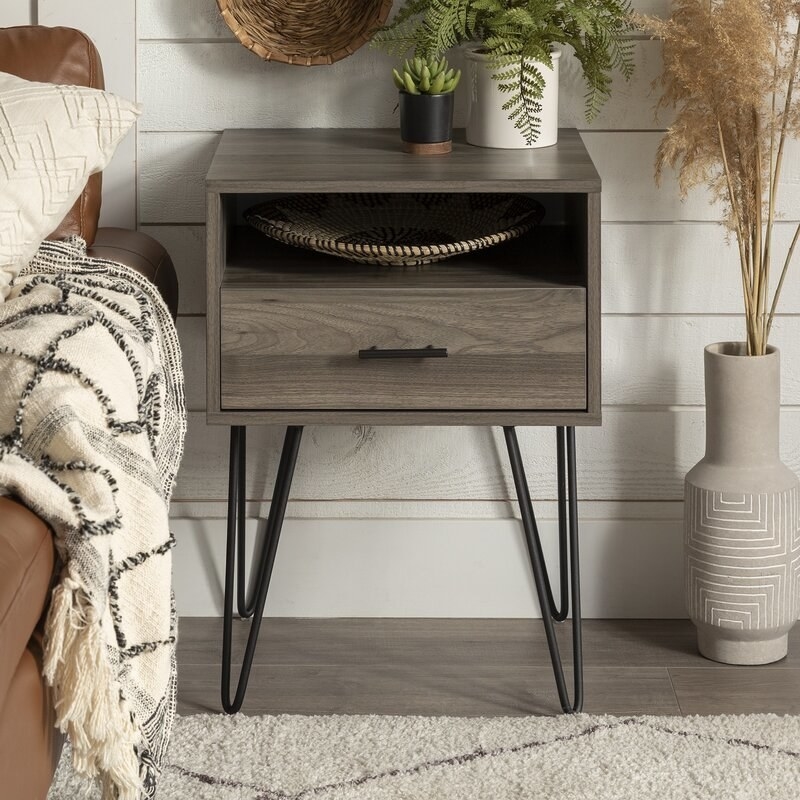 Product shown as a side table styled with accessories