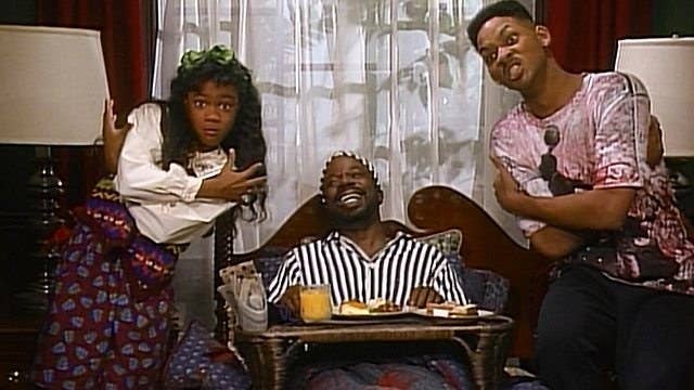 Ashley and Will stand with their arms crossed after performing a birthday rap for Geoffrey, who sits on his bed in the middle smiling on &quot;The Fresh Prince Of Bel-Air&quot;