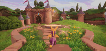 Spyro and his small dragonfly companion Sparks in the lush castle grassy area of the first game