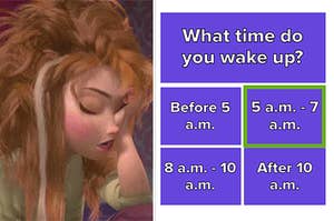 anna from frozen looking tired with bedhead and the question what time do you wake up on the right