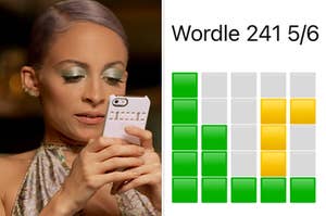 On the left, Nicole Richie holding a phone in front of her face, and on the right, some Wordle squares