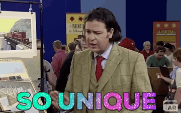 person on antiques roadshow saying so unique in a gif