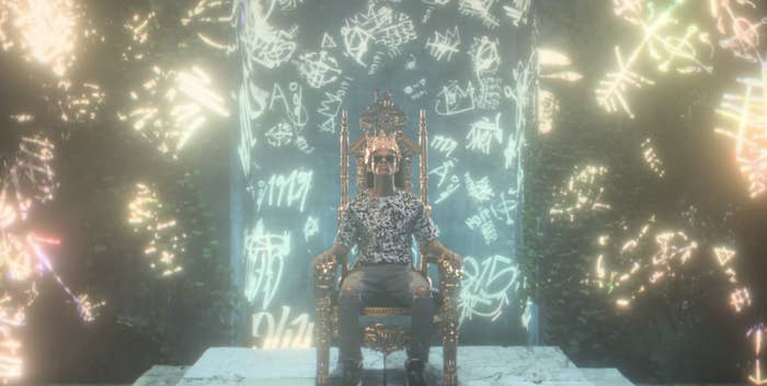 Jabari Banks as Will Smith in &quot;Bel-Air&quot;, sat on a throne wearing a crown and sunglasses, surrounded by glowing graffiti on the walls