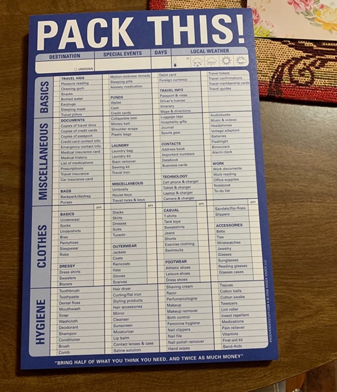 a reviewer photo of the &quot;pack this&quot; check list