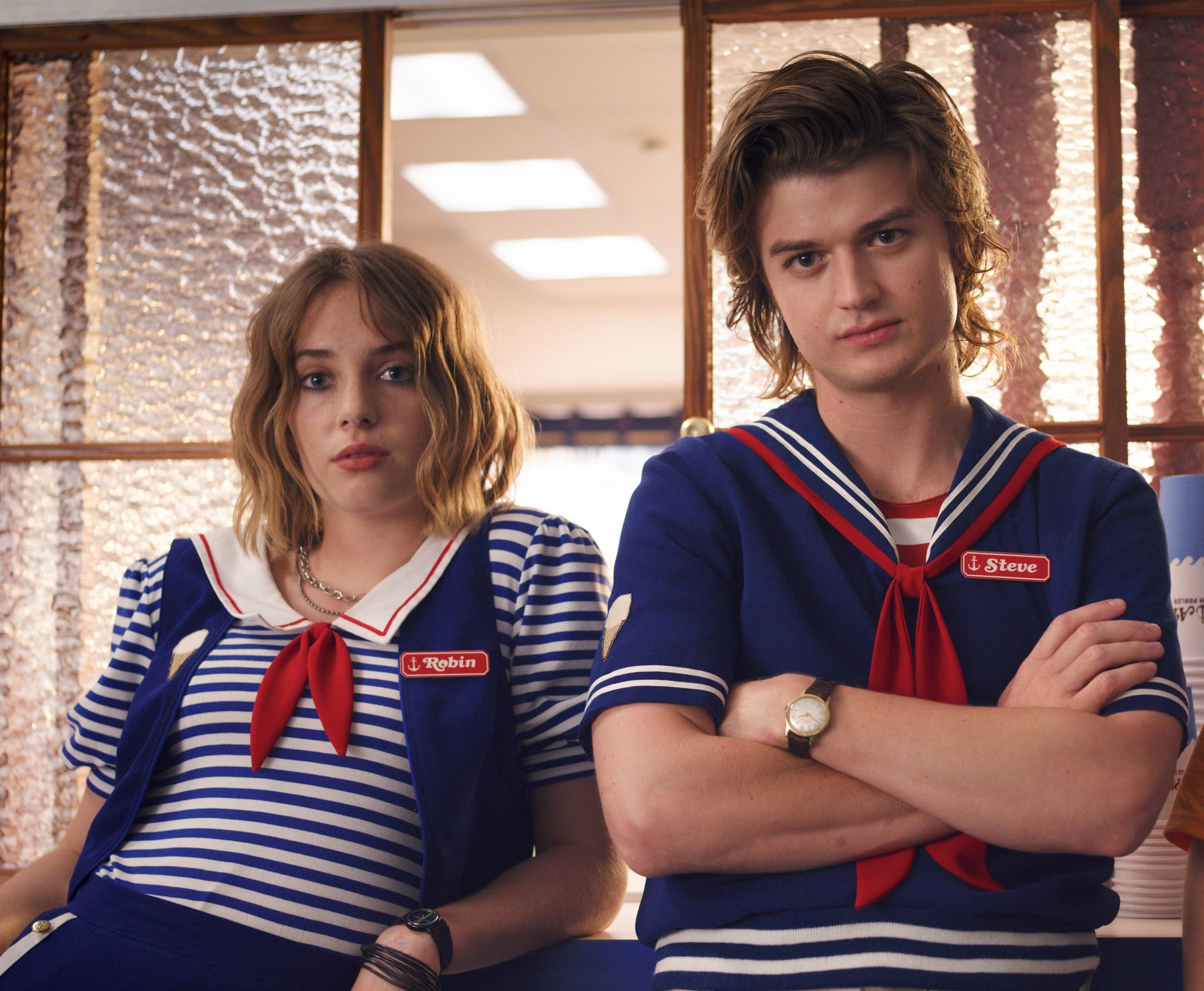 Robin and Steve in their Scoops Ahoy outfits