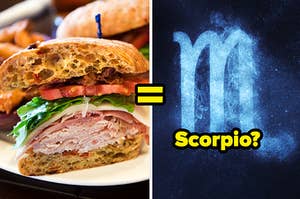 A club sandwich sits on a plate and the "M" sign for Scorpio