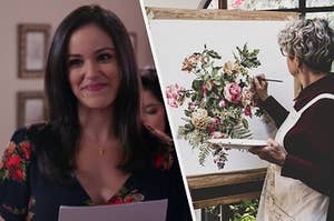 A close up of Amy Santiago as she smiles softly and a woman paints flowers