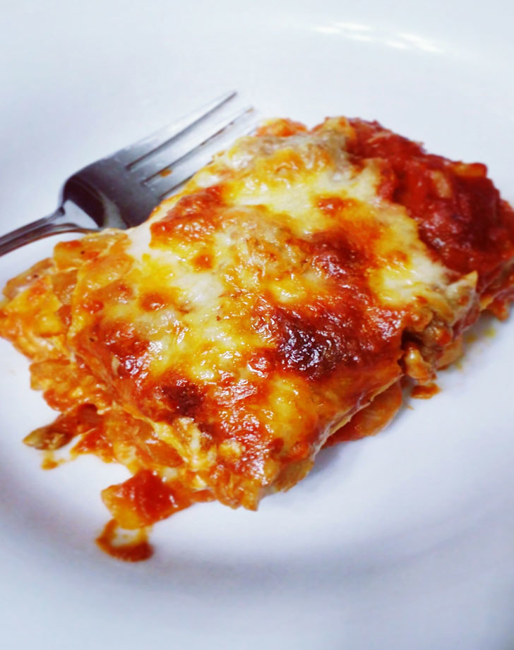 A slice of cheesy lasagna