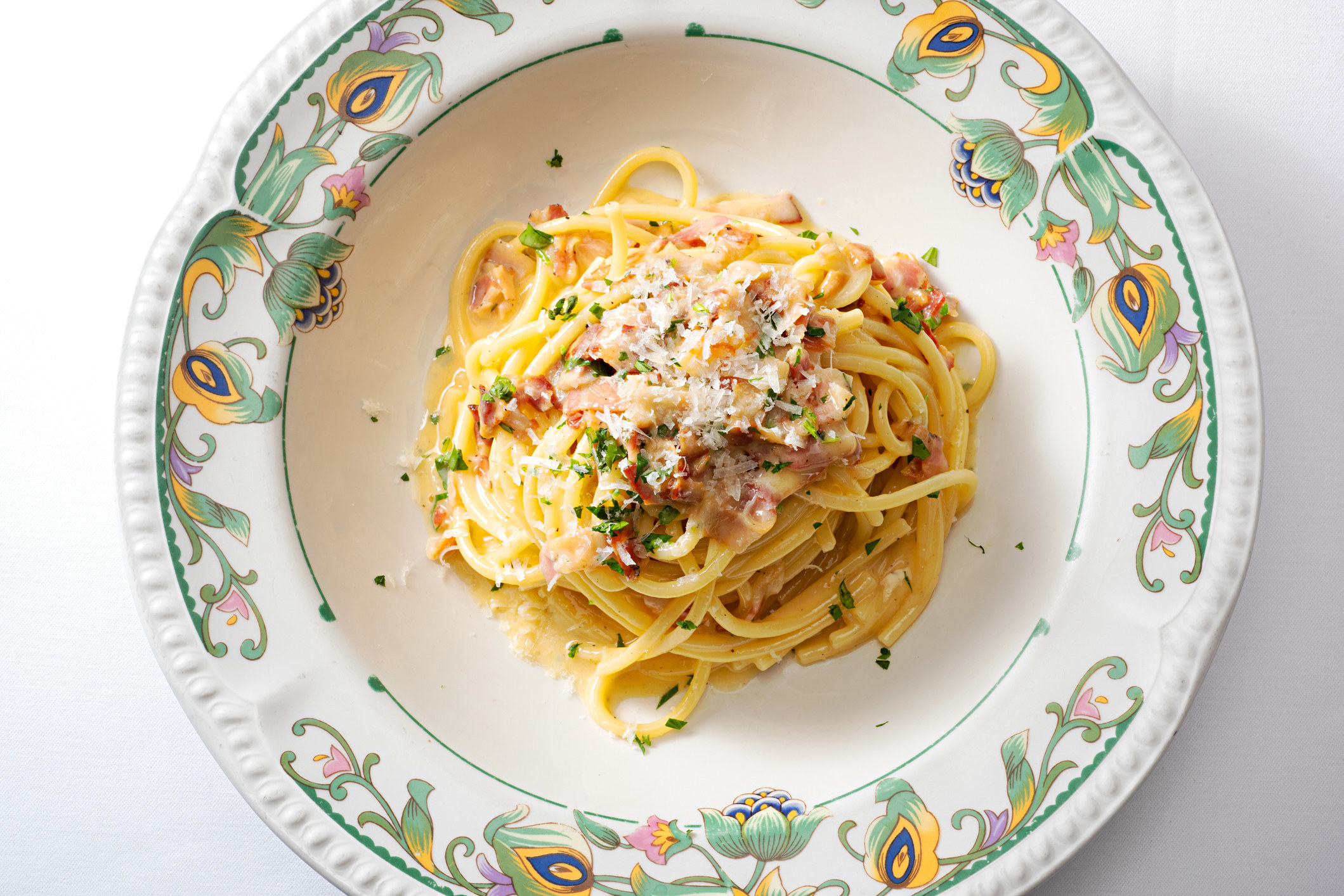 A plate of spaghetti Carbonara.