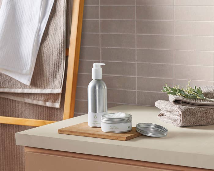 some toiletries on a bathroom vanity counter