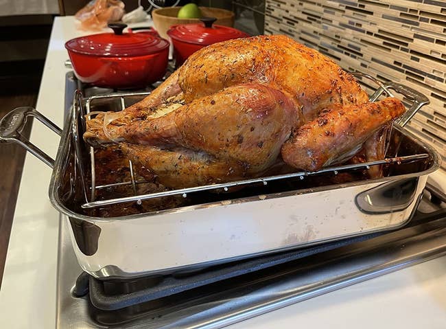 reviewer photo of the roasting pan holding a turkey