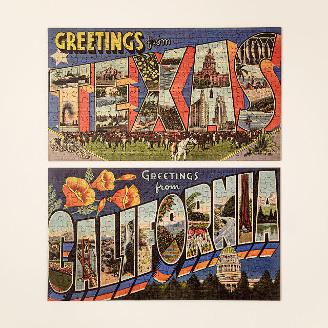 two vintage postcard puzzles of Texas and California