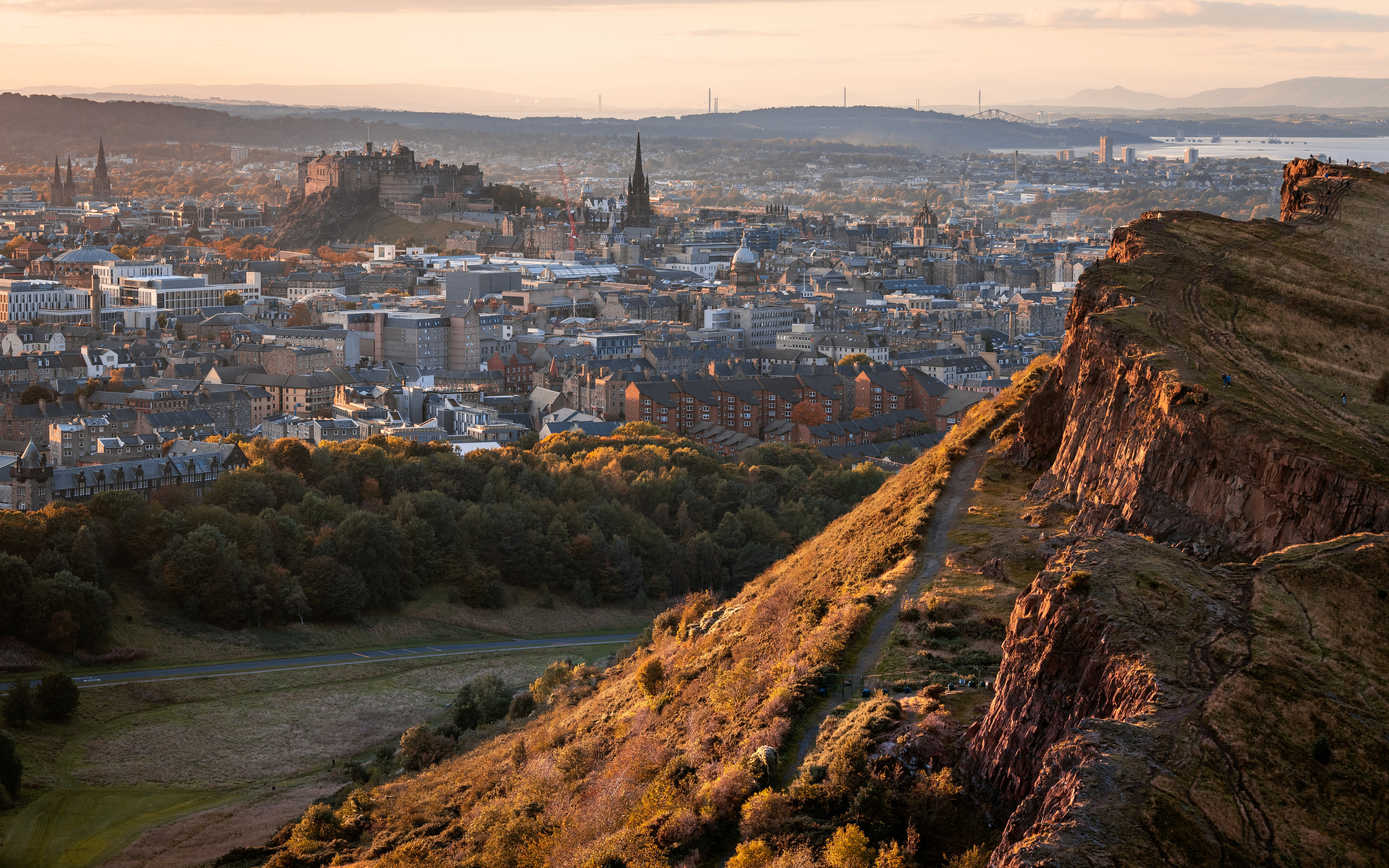 Looking at the Edinburgh skyline from a large mountain just outside the city