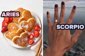 On the left, some heart-shaped pancaked topped with powdered sugar and a side of strawberries labeled Aries, and on the right, someone showing off their engagement ring labeled Scorpio