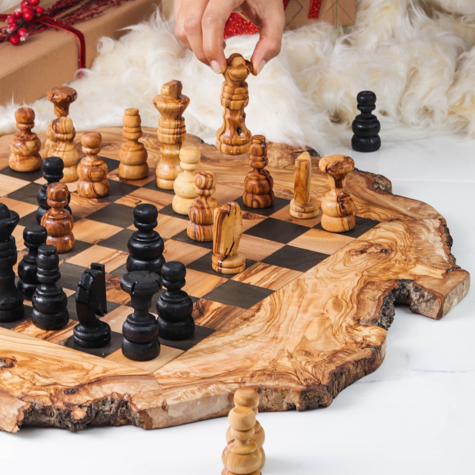 Wooden chessboard with uneven natural edges