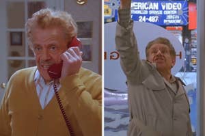 Frank talking on the phone in his house in "Seinfeld"/Frank holding his hand up to the air in H&H Bagels in "Seinfeld"