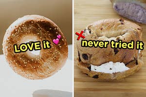 On the left, a sesame bagel labeled love it with a heart emoji next to it, and on the right, a blueberry bagel with cream cheese labeled never tried it with an x mark emoji next to it