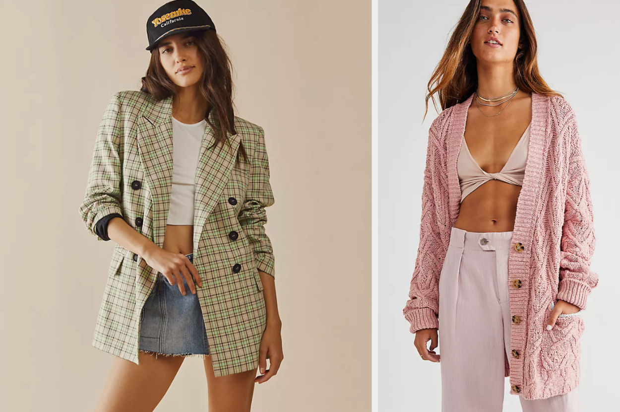 Model wearing green and yellow gingham blazer with white crop top and denim skirt, model wearing pink long cardigan with pink trousers and twisted crop top